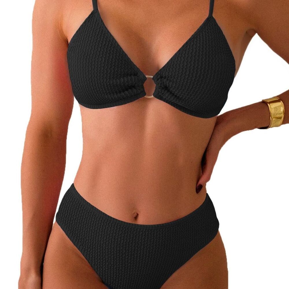 Women's Ribbed Triangle Bikini Sets O Ring Linked Two Piece Swimsuit XS